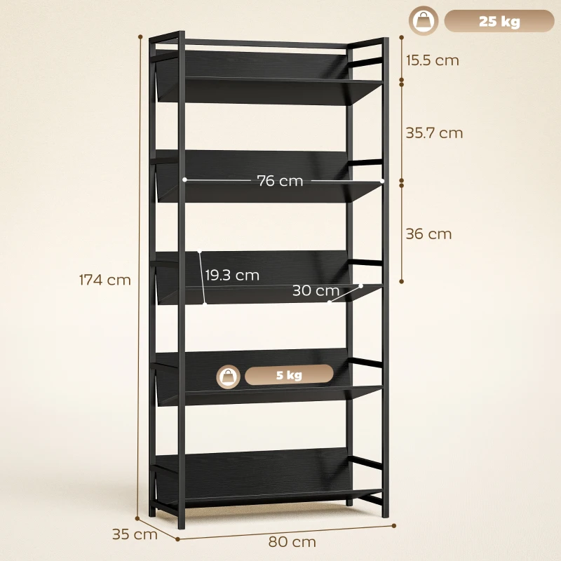 HOMCOM Bookshelf 5-Tier Metal Frame Bookcase Storage Shelves for Living Room Black