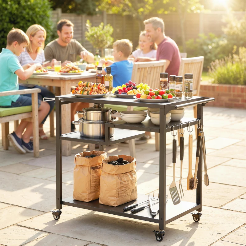 Outsunny Outdoor Grill Cart, Three-Tier Pizza Oven Stand  with Steel Tabletop, Hooks, Rubbish Bag Holder, Wheels, Black