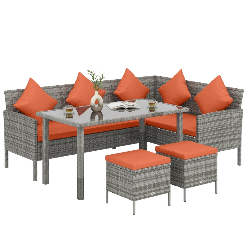 Outsunny 6-Seater Rattan Dining Set Sofa Table Footstool Outdoor w/ Cushion Garden Furniture, Orange