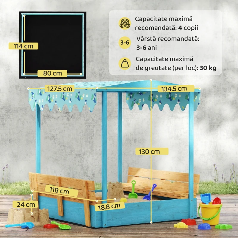 AIYAPLAY Lădiță cu Nisip pentru Copii 3-6 Ani cu Acoperiș Dinosauri, Bănci Pliabile, Capac și Husă Incluse, Lădiță de Nisip din Lemn de Brad, 134,5x127,5x130 cm, Albastru