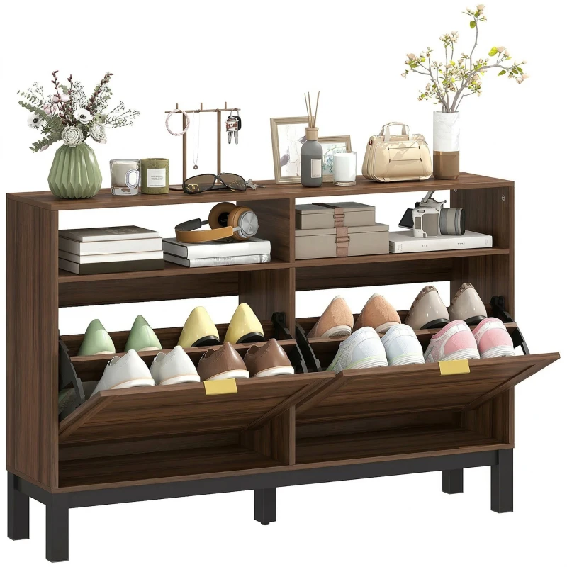 HOMCOM Shoe Cabinet with 2 Flip Drawers, Narrow Shoe Storage Top for Entryway Hallway, Rustic Brown