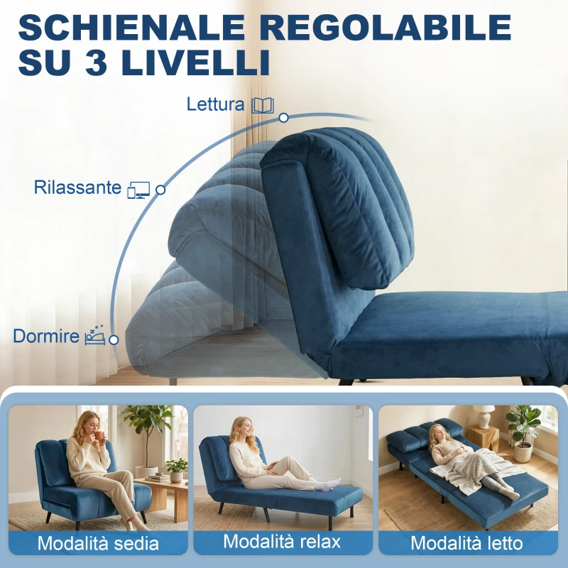 HOMCOM Poltrona Letto Pieghevole Trasformabile con Schienale Regolabile, Blu