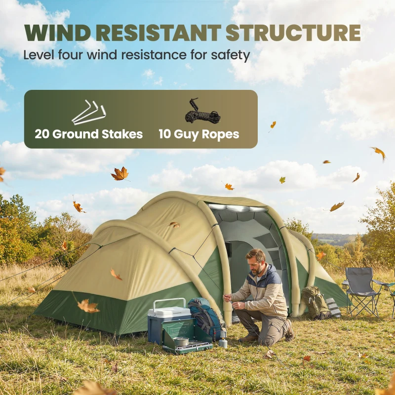 Outsunny Inflatable Tent 2 Bedroom 3000mm Waterproof Windproof Air Tent with Carry Bag for 4 Person