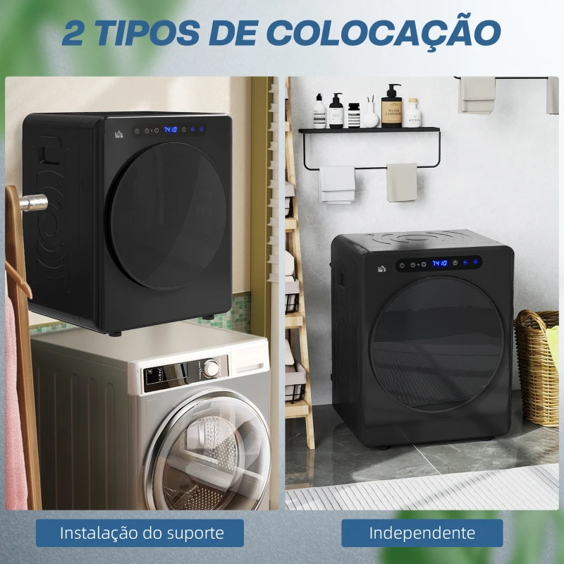 HOMCOM Máquina de Secar Roupa 3 KG 1000W Função Anti-Rugas Esterilizar Temporizador Ecrã LED Tátil Preto