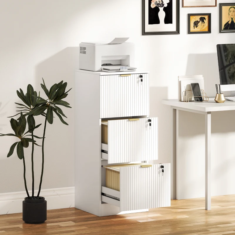 HOMCOM Filing Cabinet, Fluted Vertical File Cabinet with 3 Lockable Drawers and Hanging Rails, White