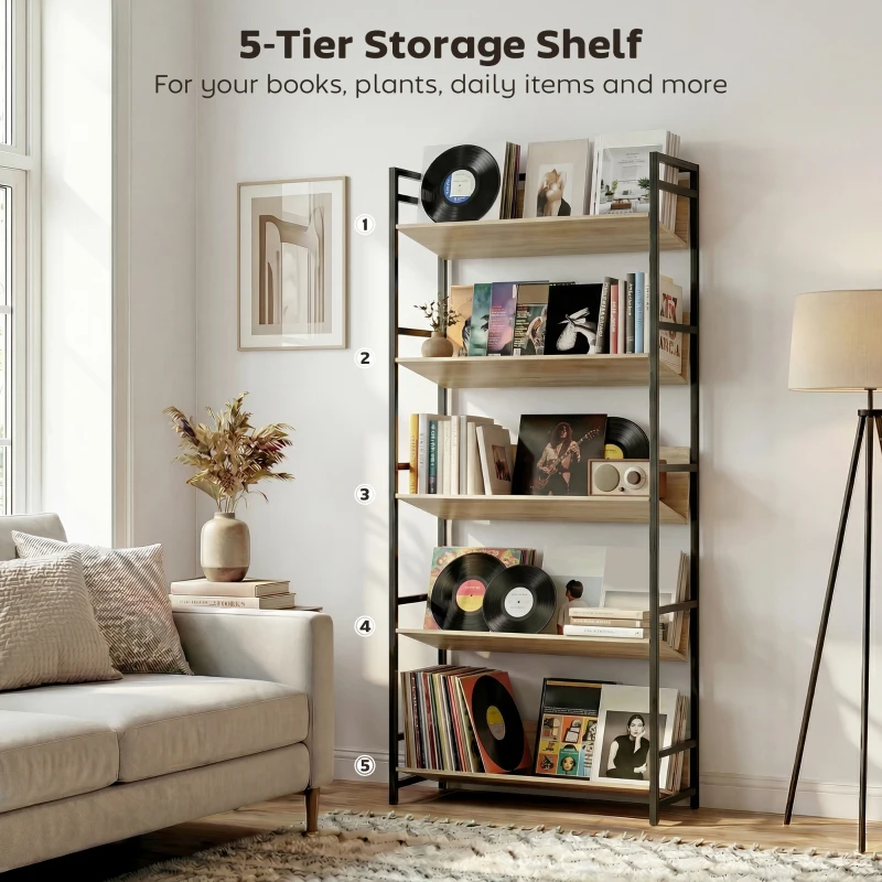 HOMCOM Bookshelf 5-Tier Metal Frame Bookcase Storage Shelves for Living Room Oak