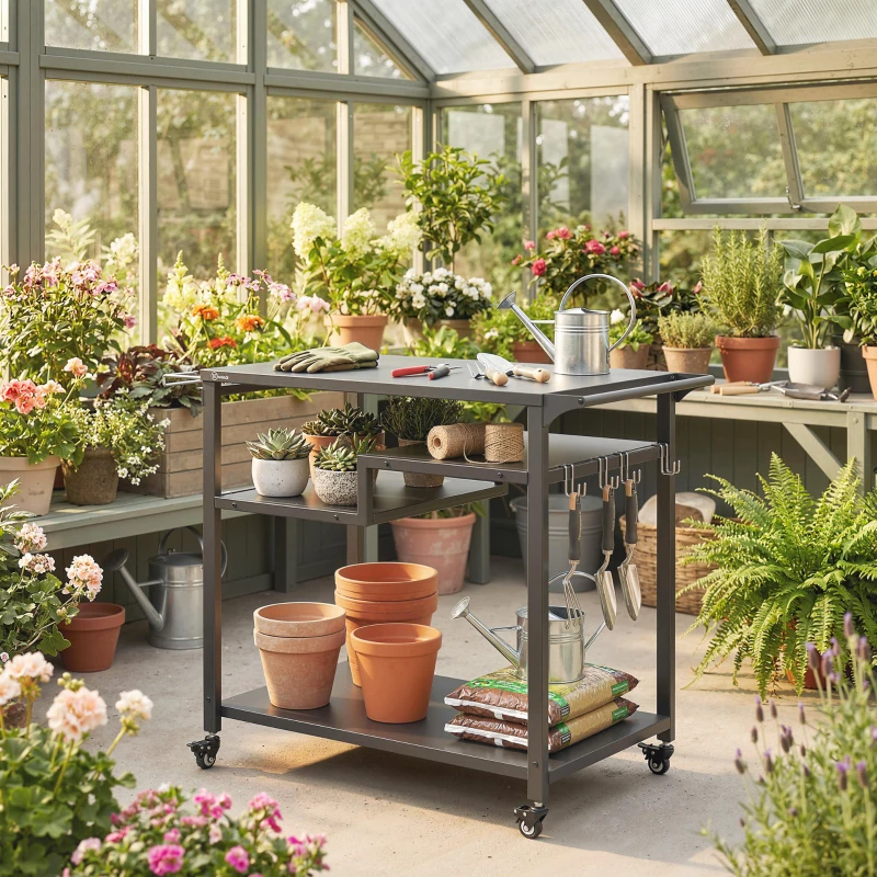 Outsunny Outdoor Grill Cart, Three-Tier Pizza Oven Stand  with Steel Tabletop, Hooks, Rubbish Bag Holder, Wheels, Black