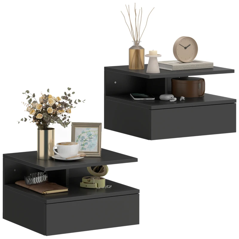 HOMCOM Lot de 2 tables de chevet murales, tables de nuit suspendues avec tiroir, étagère ouverte, 35x32x22,5cm, noir
