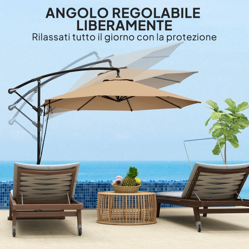 Outsunny Ombrellone Decentrato Ø3 m con Prese d'Aria, Base a Croce e Manovella, in Metallo e Poliestere, Cachi