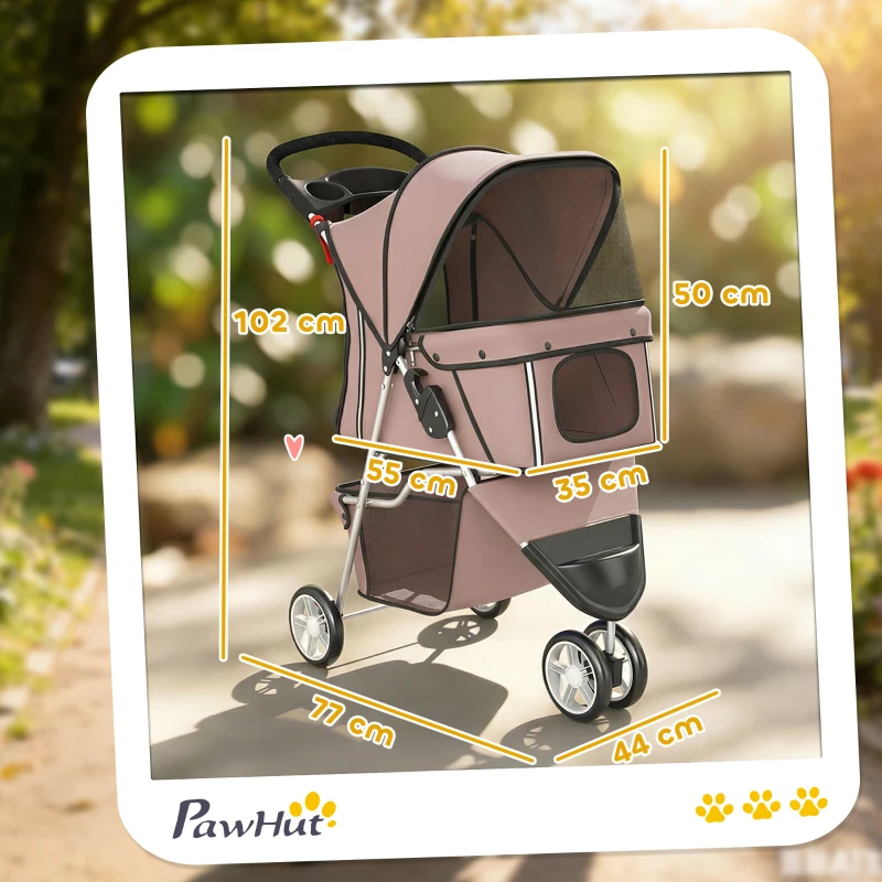 PawHut Poussette pour Chien 4 Roues, Chariot Pliable avec Auvent Réglable, Panier de Rangement, 77x44x102cm, Café