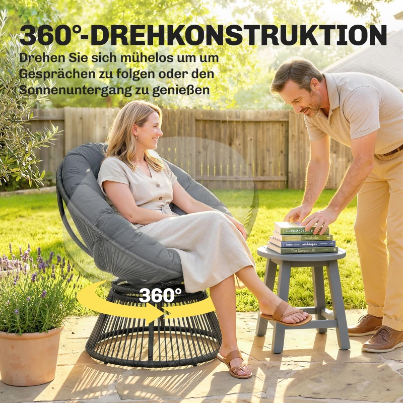 Outsunny Papasansessel 360° drehbar Korbsessel mit Kissen Stahlrahmen runder Rattansessel Loungesessel Grau
