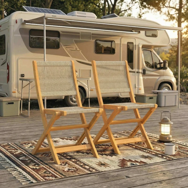 Outsunny Lot de 2 Chaises de Jardin Pliantes Chaises de Balcon en Bois d'Acacia FSC Assise en Corde Tressée Naturel et Beige