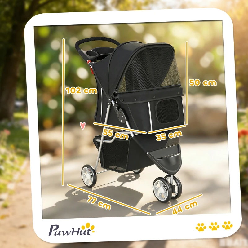 PawHut Passeggino per Cani Pieghevole con Portabicchieri e Cestello, in Acciaio e Tessuto Oxford, 77x44x102 cm, Nero