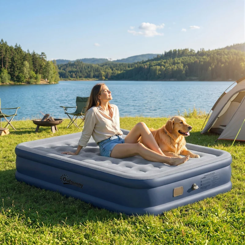 Outsunny Inflatable Mattress, Double Air Bed with Built-in Electric Pump, 3 Mins Inflation, Flocked Surface, Grey