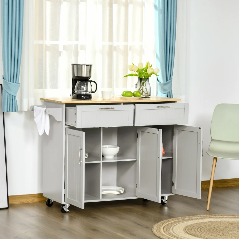 HOMCOM Carrinho de Cozinha com Rodas 2 Gavetas 3 Portas Prateleiras Ajustáveis e Barra para Sala de Jantar 121x46x91cm Cinza e Madeira