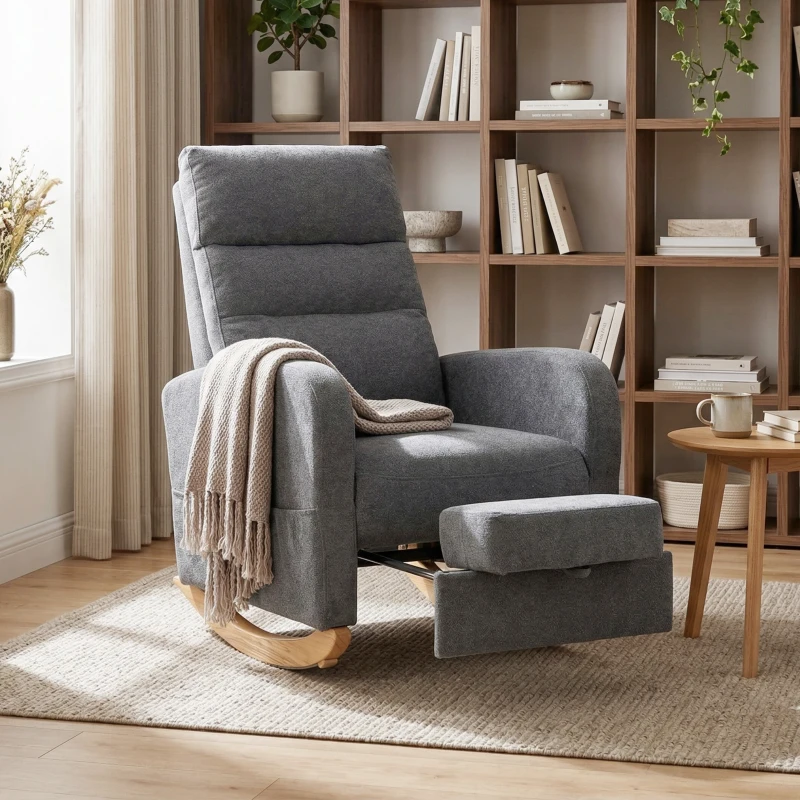 HOMCOM Upholstered Rocking Chair Retractable Footrest Rocker Chair High Back for Living Room Grey