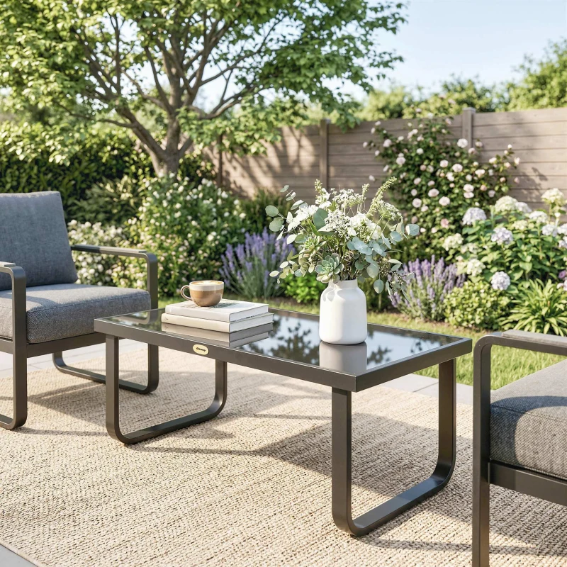 Outsunny Outdoor Garden Coffee Table, Rectangle Metal Side Table with Tempered Glass Tabletop, Adjustable Foot Pads