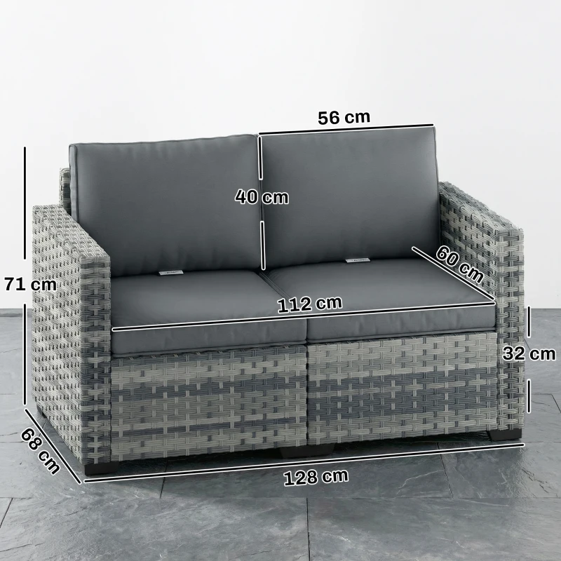 Outsunny 2 Seater Rattan Sofa, Outdoor Garden Sofa with Deep Seat, Cushions, Wide Armrests for Patio, Balcony, Porch, Mixed Grey