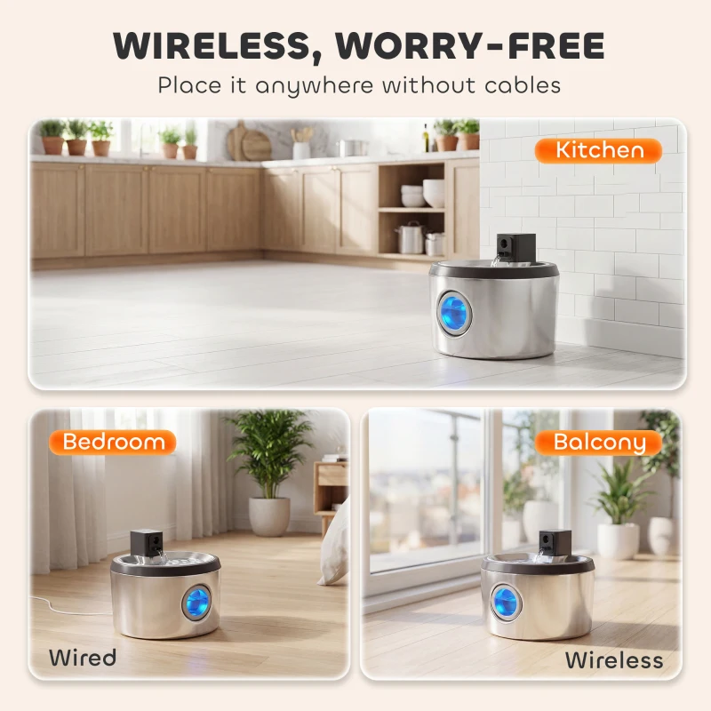 PawHut Wireless Cat Water Fountain for Drinking Stainless Steel, 4L/135oz Battery Operated Cat Fountain Cordless, 6 Filters