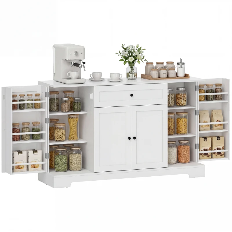 HOMCOM Aparador de cocina, mueble de almacenamiento con cajón, 4 puertas con cierre suave, estantes en puerta y baldas ajustables, blanco