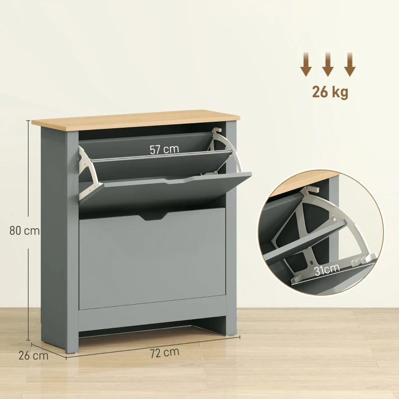 HOMCOM Slim Shoe Cabinet, Narrow Shoe Cupboard with 2 Flip Drawers, Adjustable Shelves for 12 Pairs of Shoes, Light Grey