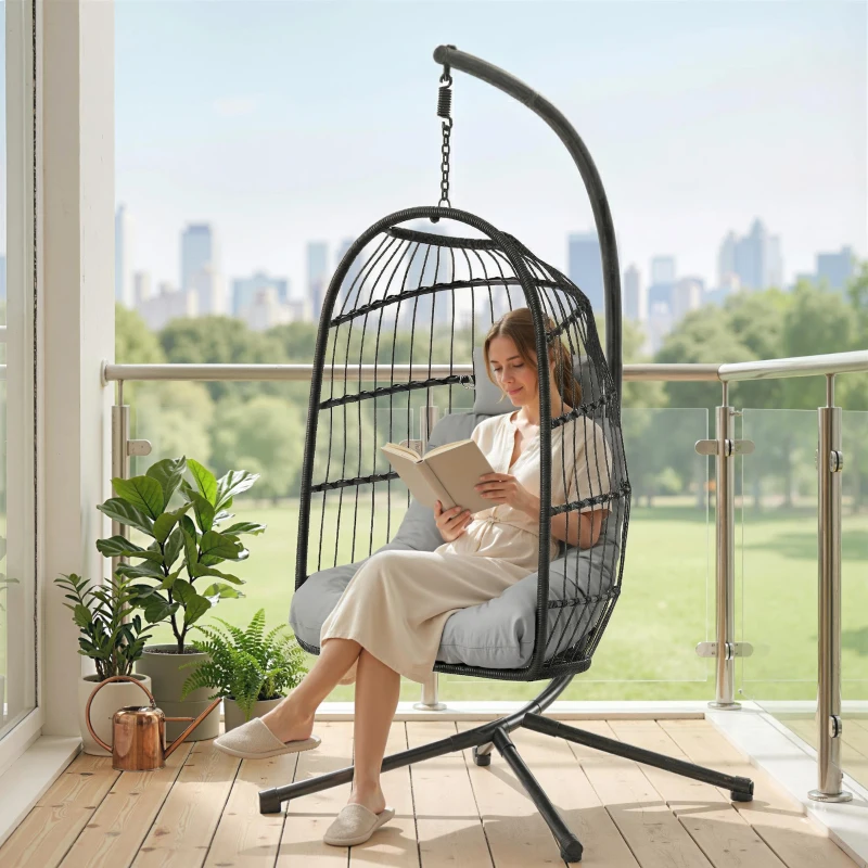 Outsunny Silla Colgante Huevo con Soporte Cesta Plegable Cojín Reposacabezas Altura Ajustable y Cuerda Carga 120 kg Gris Claro