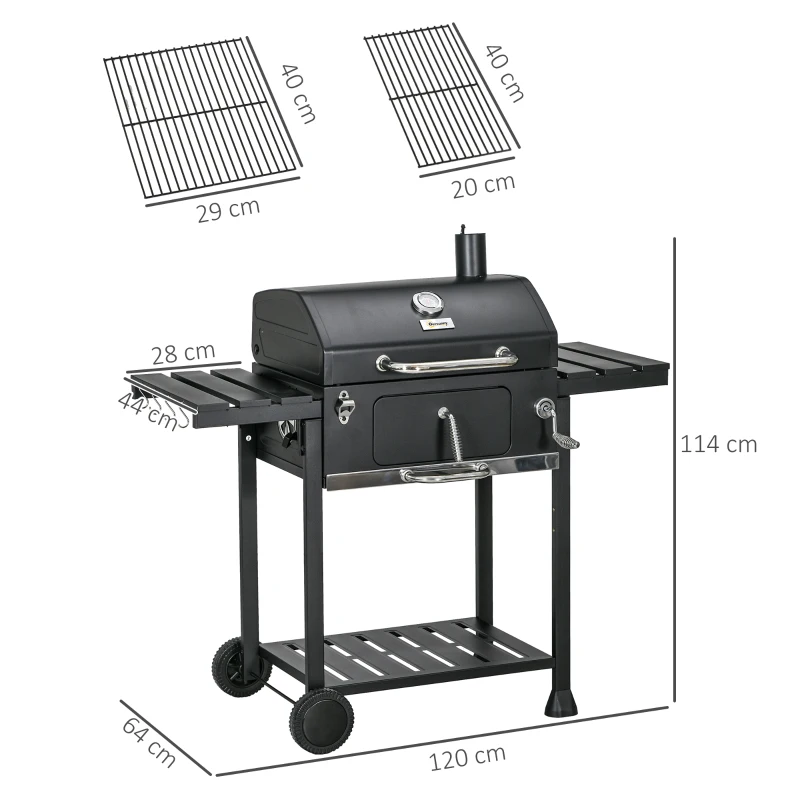 Outsunny Grill węglowy Grill BBQ-Grill, włącznie z termometrem, otwieraczem do butelek, 120 x 64 x 114 cm, czarny