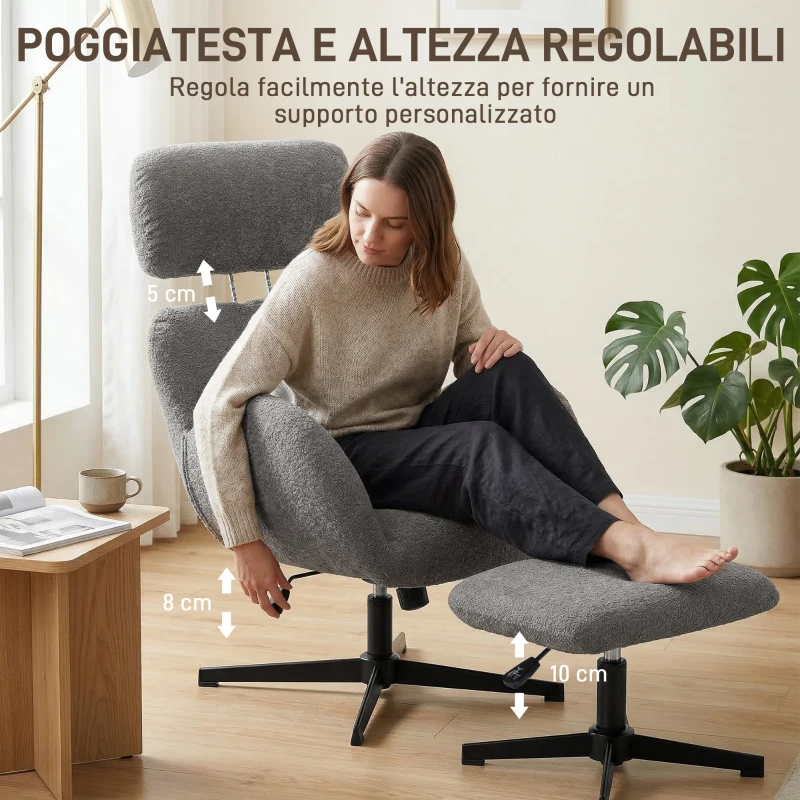 HOMCOM Poltrona Girevole con Poggiapiedi, Regolabile in Altezza con Poggiatesta Regolabile, Funzione Dondolo, Grigio