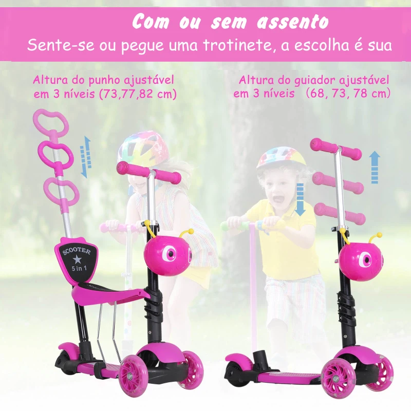 HOMCOM Trotinete 5 em 1 para Crianças com 3 Rodas Assento Removível e Guiador Ajustável Carga Máxima 50 kg 62x25x72,5 cm Rosa