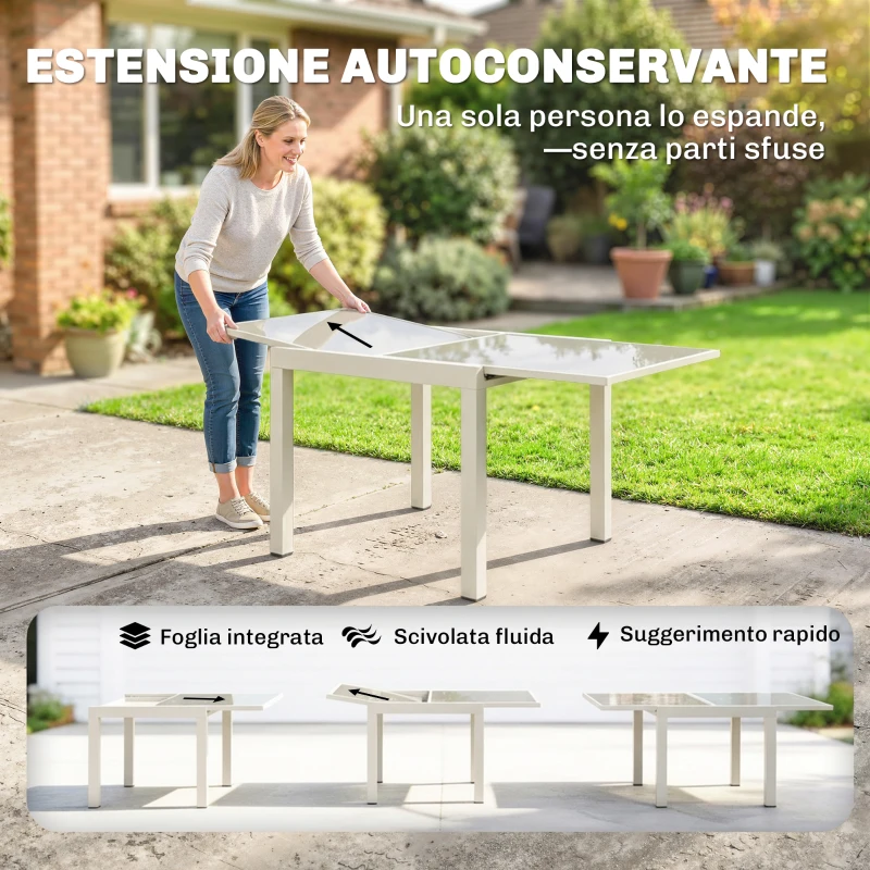 Outsunny Tavolo Estensibile in Alluminio per Esterni, Piano in Vetro Temperato, Bianco Crema.