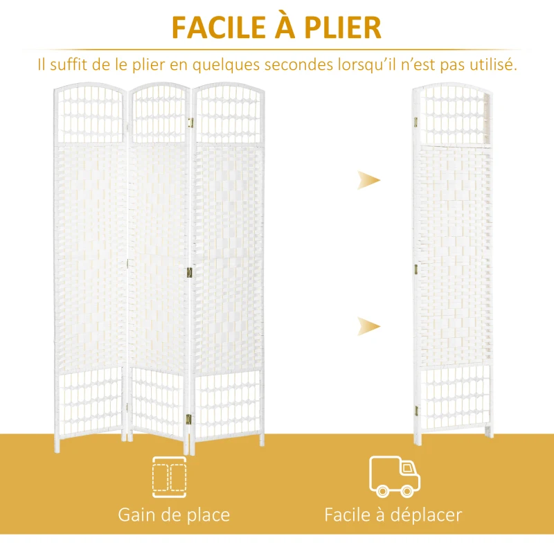 HOMCOM Paravent intérieur en bois séparateur de pièce cloison pliable 3 panneaux 120 x 170 cm blanc