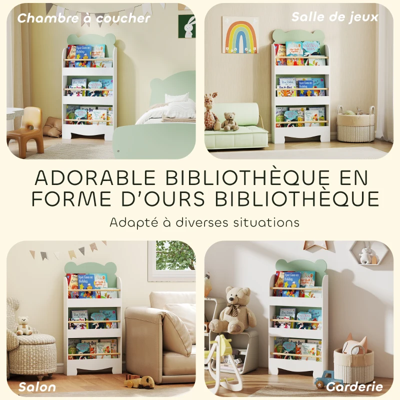AIYAPLAY Bibliothèque pour enfant, rangement livre enfant 3 niveaux pour salle de jeux, chambre d'enfant, vert