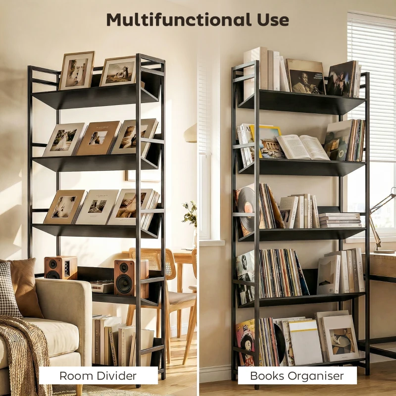 HOMCOM Bookshelf 5-Tier Metal Frame Bookcase Storage Shelves for Living Room Black