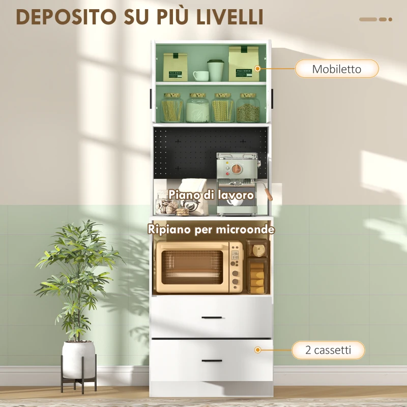 HOMCOM Mobile per Microonde con Ripiano Regolabile e 2 Cassetti, 60x40x170 cm, Bianco