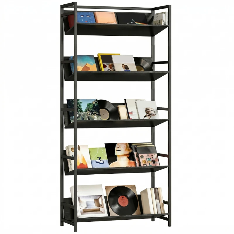 HOMCOM Bookshelf 5-Tier Metal Frame Bookcase Storage Shelves for Living Room Black