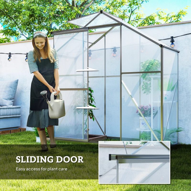 Outsunny 6 x 2.5ft Polycarbonate Greenhouse Walk-In Green House with Rain Gutter, Sliding Door, Window, Foundation, Dark Grey