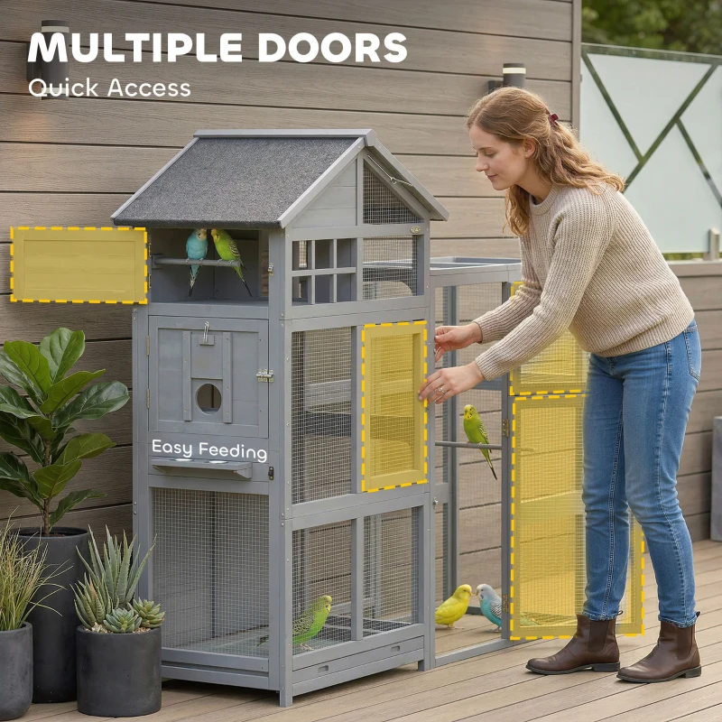 PawHut Woliera dla ptaków z drewna z 6 żerdziami, miejscem do przechowywania, wysuwaną szufladą i miskami ze stali nierdzewnej, 196x60x164,5 cm, szara