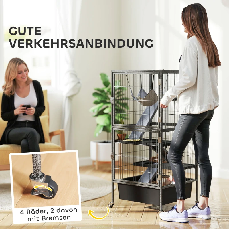 PawHut Kleintierkäfig 4-stöckiger Nagerkäfig mit ausziehbarem Tablett Rampen Hängematte Rollen Plattformen 52x52x115 cm Grau
