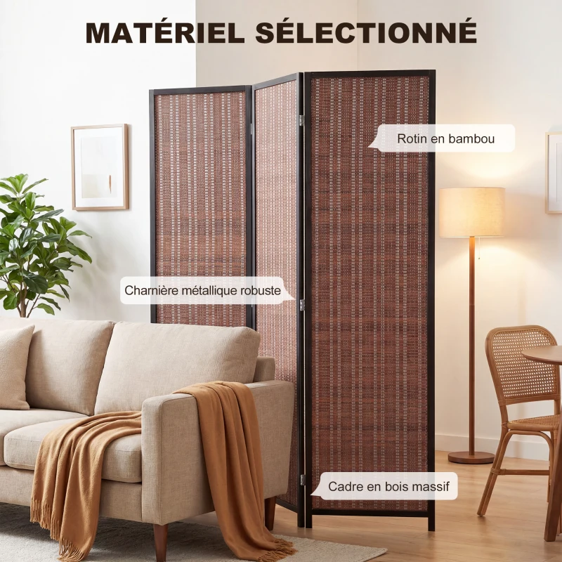 HOMCOM Paravent en bois séparateur de pièce closion de séparation pliable 3 panneaux 135 x 180 cm marron
