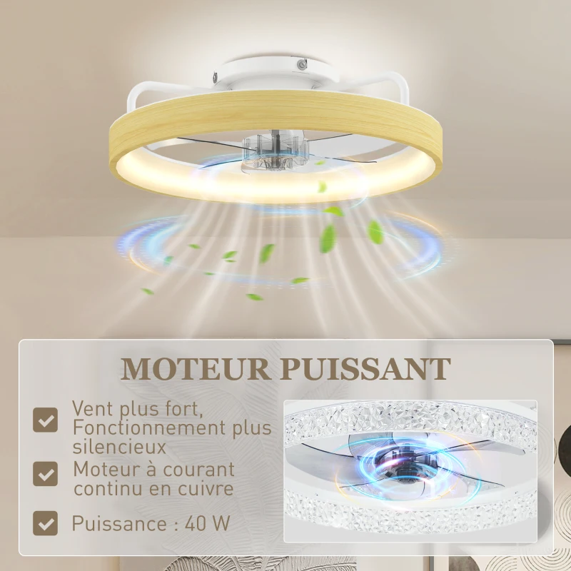 HOMCOM Ventilateur plafond avec lumière LED plafonnier ventilateur Ø49cm 7 pales 6 vitesses luminosité réglable mode été-hiver