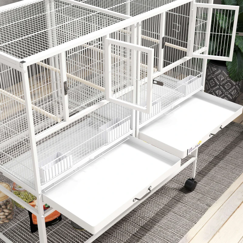 PawHut Jaula para Pájaros Grande con Divisor Ruedas 4 Comederos 4 Perchas Estante 2 Bandejas Extraíbles 95x45,5x102 cm Blanco