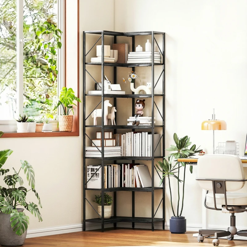 HOMCOM Libreria ad Angolo a 7 Ripiani, Scaffale Industriale, Effetto Legno Nero
