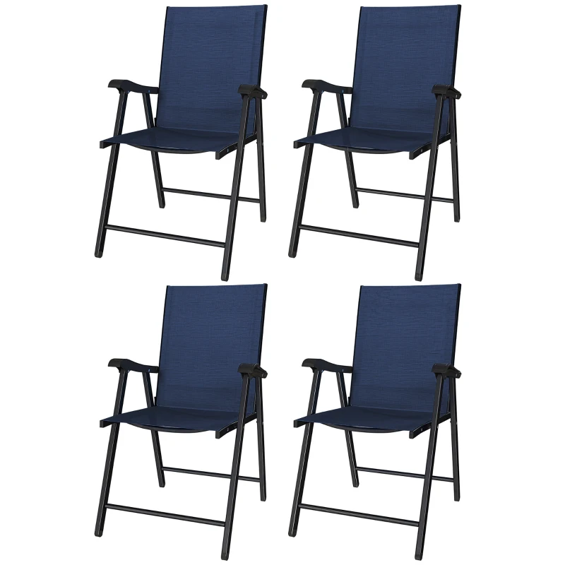 Outsunny Folding Garden Chairs Set of 4, Foldable Garden Dining Chairs with High Back, Armrests, Texteline Seat, Navy Blue