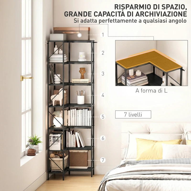 HOMCOM Libreria ad Angolo a 7 Ripiani, Scaffale Industriale, Effetto Legno Nero