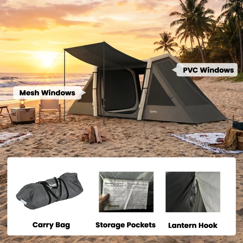 Outsunny Tenda Insuflável de Campismo 4 Pessoas Blackout Tenda a Ar 5,8m de Comprimento 2 Quartos e Sala 580x270x202cm Cinza Escuro