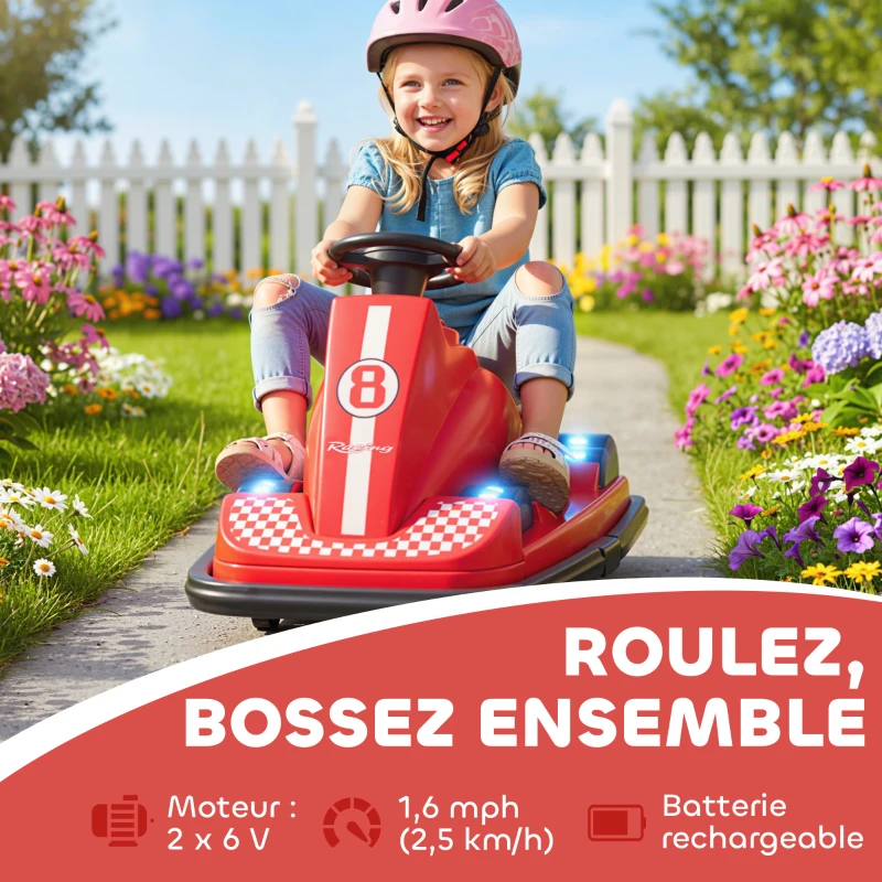 AIYAPLAY Auto-Tamponneuse Enfant 6V, Rotation à 360°, Musique, Klaxon, Démarrage Doux, 2,5 km/h, pour Âges 3-8, 74x53x48cm, Rouge