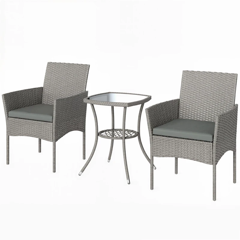 Outsunny 3 Piece Rattan Bistro Set, PE Wicker Garden Furniture Conversation Set with 2 Tier Glass-Top Table, Chairs, Dark Grey