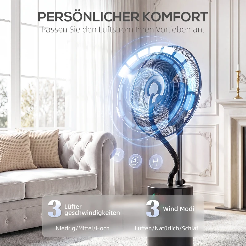 HOMCOM 4-in-1 Standventilator mit Wassernebel Luftreiniger Mückenschutz 9-Stunden-Timer 3 Modi Fernbedienung Schwarz