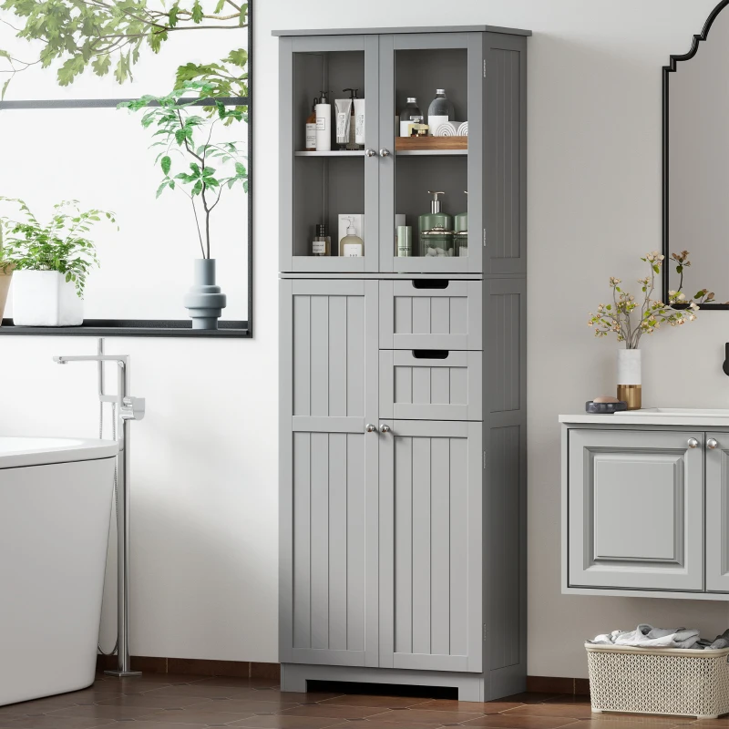 HOMCOM Meuble de salle de bain haut, meuble de rangement avec 4 portes dont 2 vitrées, 2 tiroirs et étagères réglables, gris