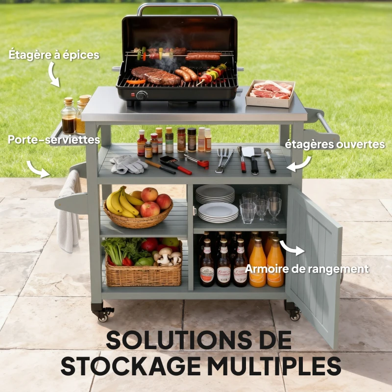 Outsunny Desserte jardin chariot de barbecue sur roulettes avec plateau en acier inoxydable 107x49,5x92,5cm gris